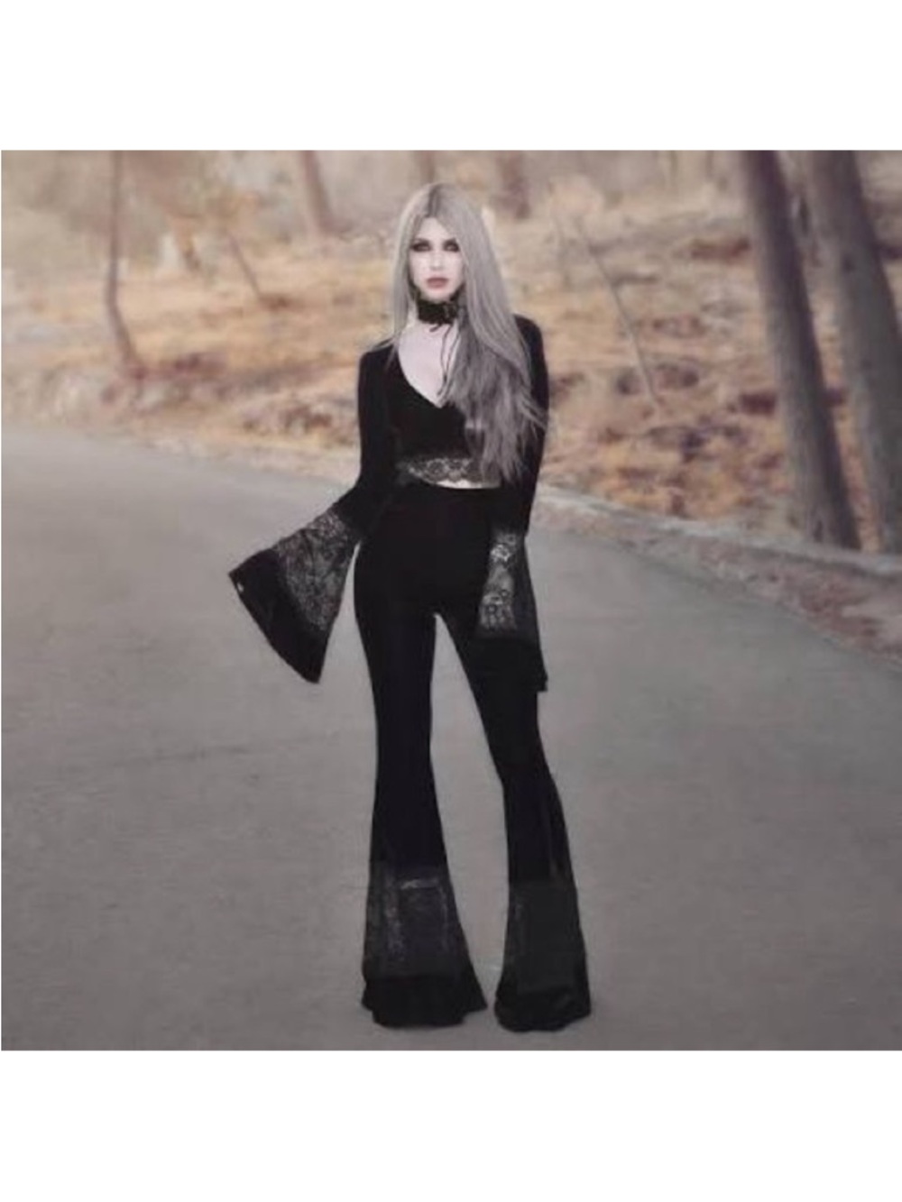 Black Velvet Bell Sleeve crop top and pants XL